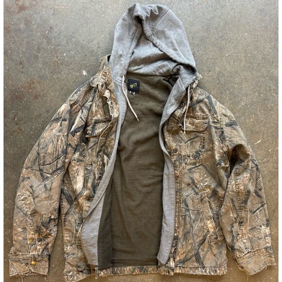G21 By George Grunge Camo Thrashed Hoodie Jacket Men’s Size Large Tree Bark Vtg - Picture 1 of 9